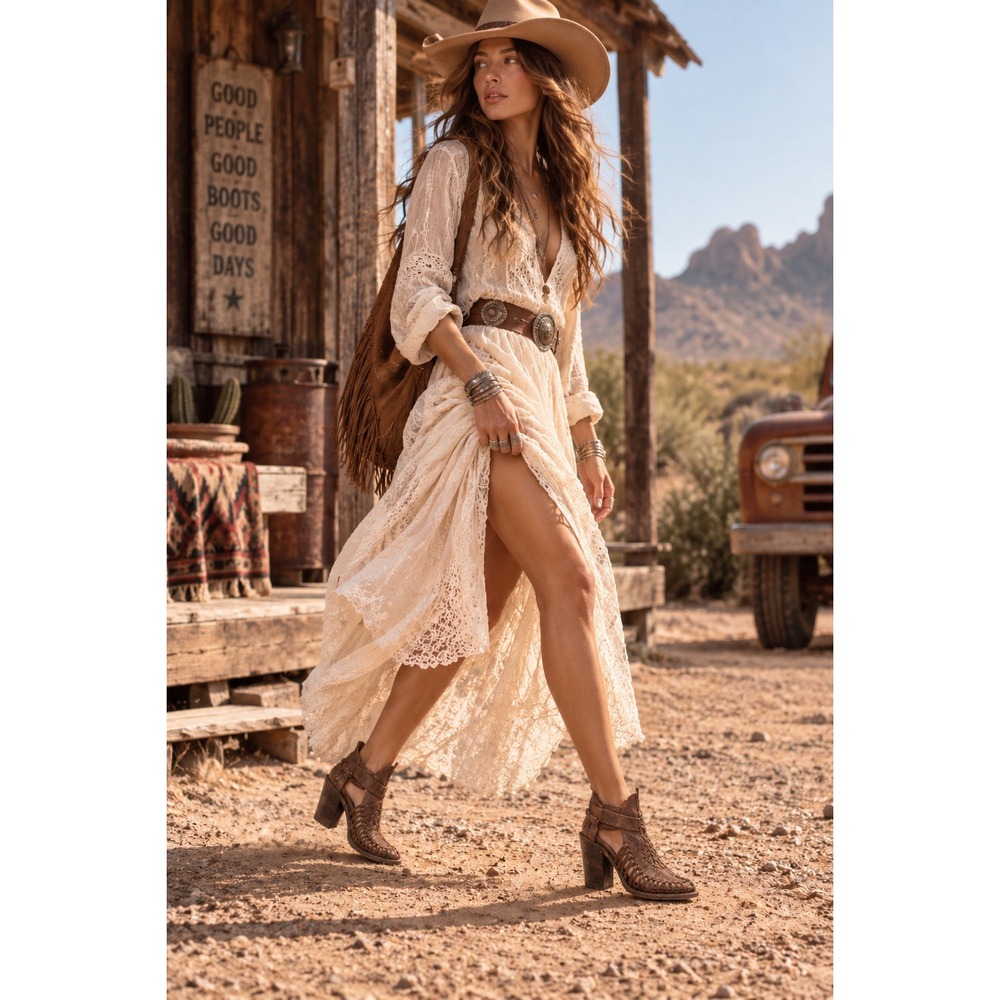 Freebird by Steven Poison Booties Brown Leather Woven Western Ankle Heels Size 7